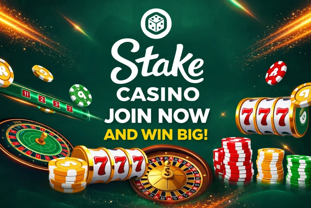 Indian-themed Stake casino advertisement: smiling woman in traditional blue saree holding smartphone, surrounded by spinning roulette wheels, gold chips, and slot reels with 777. Glowing text "Stake CASINO INDIA PLACE BETS AND WIN BIG" on dark green background.